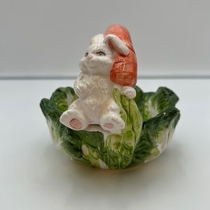 Bunny On A Cabbage Leaf Ceramic Basket With A Carrot Handle Palm Tree.